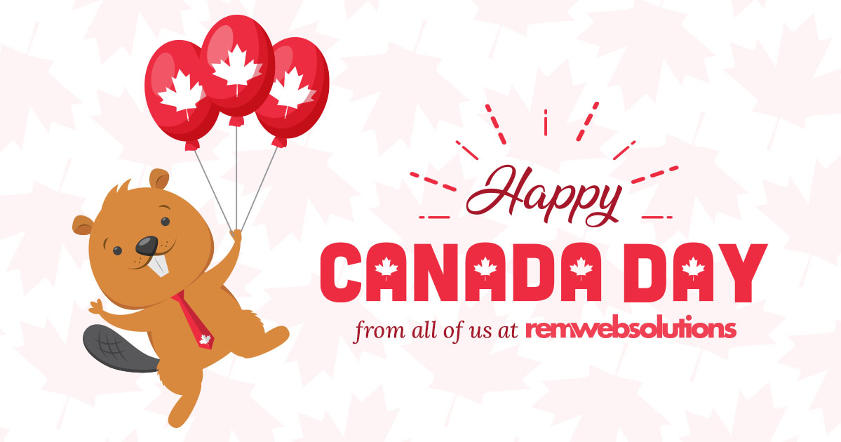Cartoon beaver holding red and white balloons with text that say Happy Canada Day